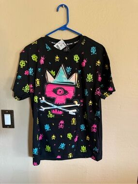 Kids Black Graphic Tee with Neon Skull & Crown